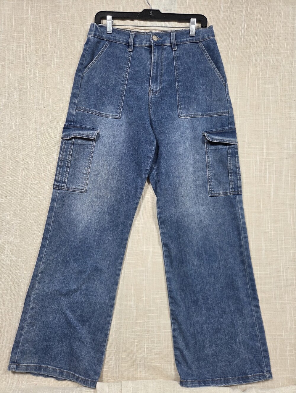 YMI Relaxed Wide-Leg Denim Cargo Jeans - Medium Blue
